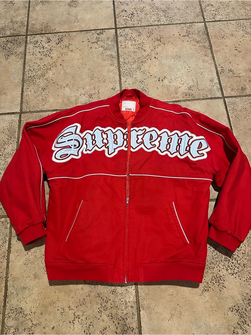 Supreme Red and White Script Zip Jacket